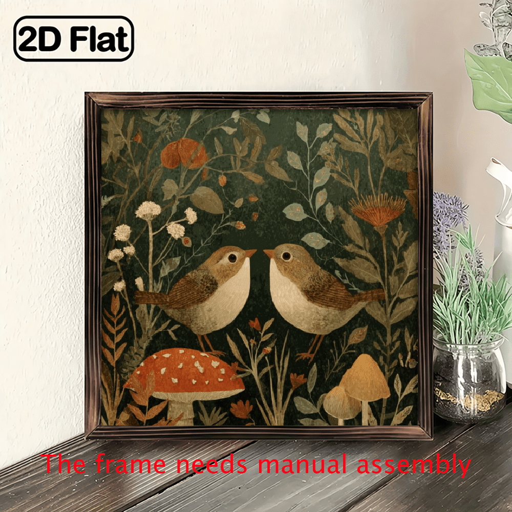 2D Flat, 1pc Rustic Two Birds and Mushrooms Forest Autumn Theme Frame ...