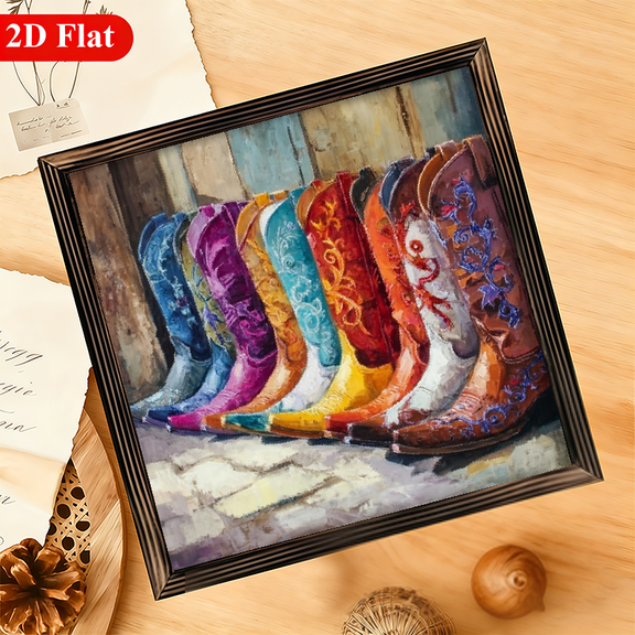2D Flat, 1pc Rustic Vintage Cowboy Boots Wooden Wall Art - 12x12 Inch Colorful Recycled Wood Sign for Farmhouse, Western Home Office Decor, No Batteries Needed, Cowboy Decor, Artistic Design, Fa
