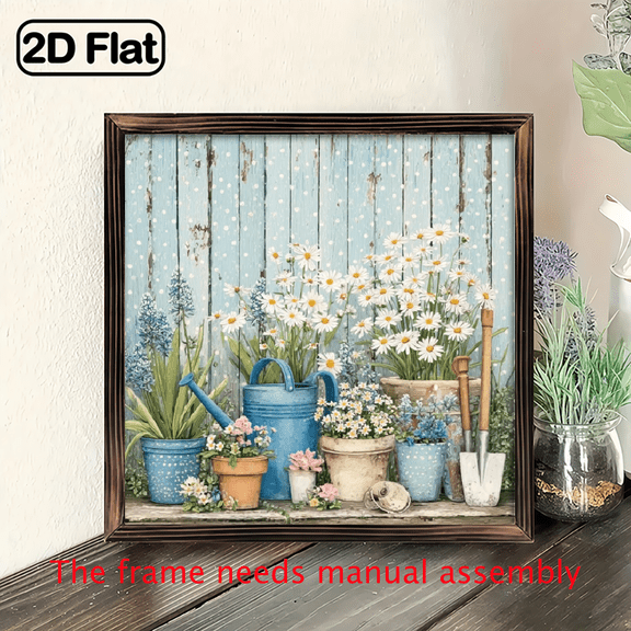 2D Flat, 1pc Rustic Vintage Farmhouse Garden Decor - 8x8 Inch Wood Frame Wall Hanging with Blue White Checkered Background, Rustic Wall Art for Kitchen, Bathroom, Bedroom, Living Room, Garden Deco