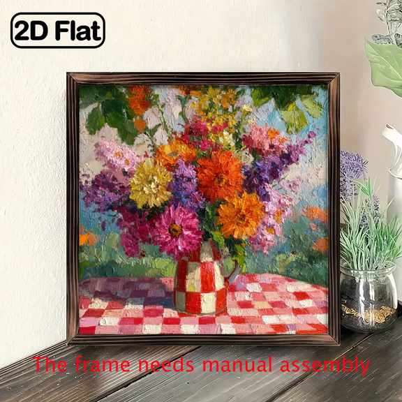 2D Flat, 1pc Rustic Vintage Floral Bouquet in Checkered Vase Wall Art - 8x8 Inch Reclaimed Wood Frame, Vibrant Summer Theme Romantic Style Wall Hanging Decor for Kitchen, Dining Room, Living Room
