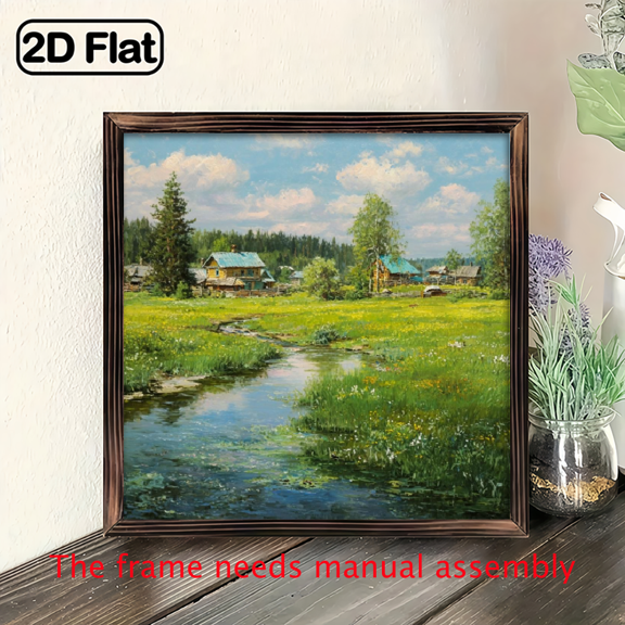 2D Flat, 1pc Rustic Vintage Idyllic Summer Landscape Wooden Frame Wall Art - 8x8 inch Farmhouse Decor, Recycled Artificial Wood Sign for Living Room, Bedroom, Kitchen, Office - Easy Hang No Electr