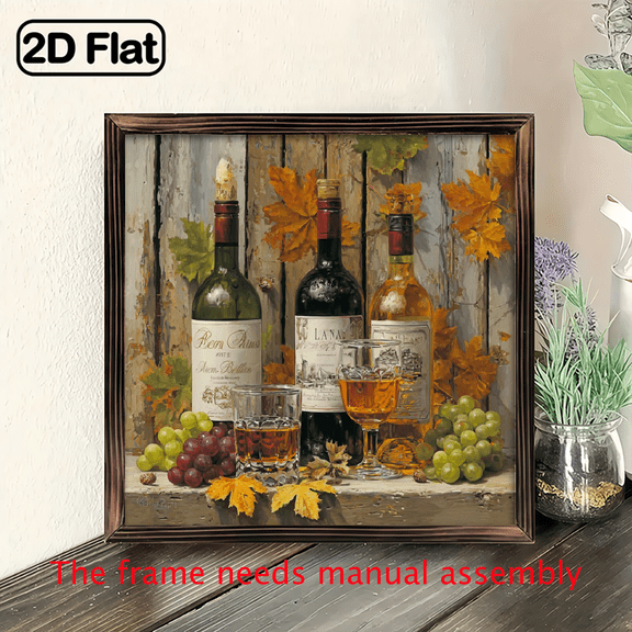 2D Flat, 1pc Rustic Wine Grape wooden board painting, - Farmhouse Wine Bottles Glasses Print, Suitable for Kitchen, Bathroom, Living Room. 8x8in