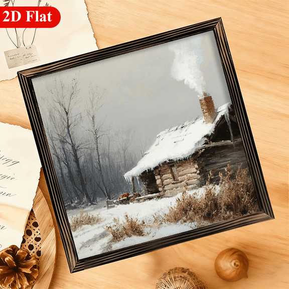 2D Flat, 1pc Rustic Winter Cabin Wall Art - Snow-Covered Roof Chimney Smoke Wooden Framed Sign, Farmhouse Style Christmas Decor, 12x12 Cozy Log Cabin Painting for Living Room, Housewarming Gift,