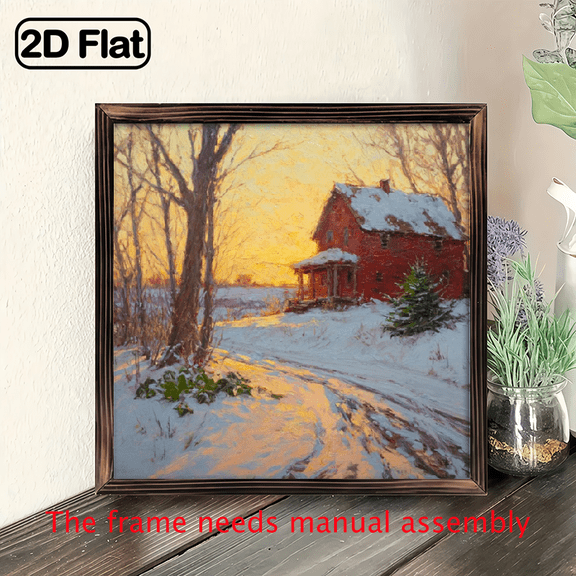 2D Flat, 1pc Rustic Winter Farmhouse Landscape Wooden Frame Wall Art - Vintage Snowy Cabin Scene with Vibrant Sunset Colors, 8x8 inch Recycled Wood Sign for Living Room, Bedroom, Office Holiday De