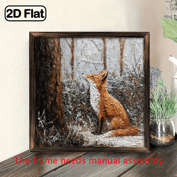 2D Flat, 1pc Rustic Winter Fox Wall Art - 8x8 Inch Woodland Animal Theme Framed Painting, Farmhouse Modern Decor with Snowy Forest Scene, Premium Plywood Wood Frame for Living Room, Bedroom, Offic