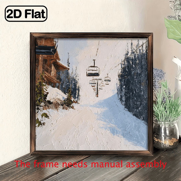 2D Flat, 1pc Rustic Winter Mountain Chalet Ski Lift Scene Wooden Frame Wall Art - 8x8 Inch Recycled Wood Vintage-Style Winter Theme Decor for Ski Lodge, Mountain Cabin, Living Room Bedroom