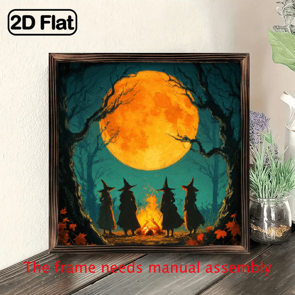 2D Flat, 1pc Rustic Witch Halloween Wall Decor - Two Witches Dancing Around Bonfire, Vintage Witchcraft Moonlit Forest Scene in Recycled Wood Frame, Easy Hanging for Living Room, Bedroom, Entryway