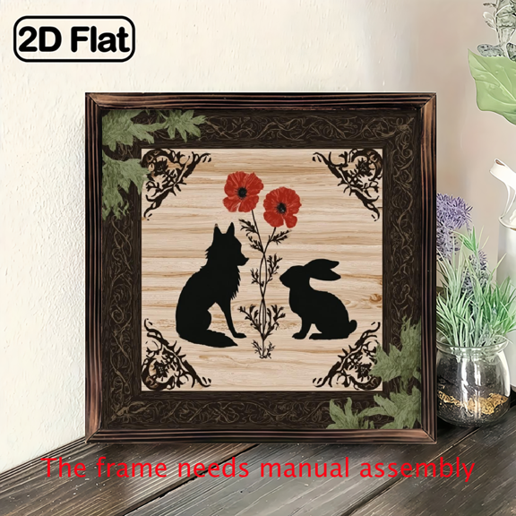 2D Flat, 1pc Rustic Wolf Rabbit Wooden Frame Wall Decor - 8x8 Inch Farmhouse Sign with Red Floral Accents, Recycled Wood Art for Bedroom, Living Room, Office, Kitchen, Desktop