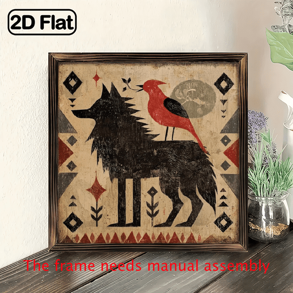 2D Flat, 1pc Rustic Wolf, Red Bird Blackbird Wooden Wall Art - 8x8 Inch Recycled Wood Frame Farmhouse Decor, Nature-Inspired Wildlife Design for Living Room, Bedroom, Office, Entryway - Easy Hang