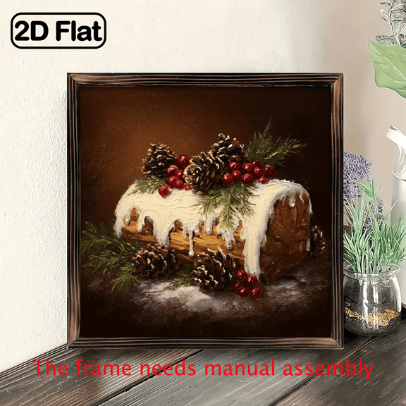 2D Flat, 1pc Rustic Wood Frame Yule Log Wall Art Sign - 8x8 Inch Farmhouse Christmas Decor with Cabin Style, Snow Branches, and Red Berries, Wood Grain Suitable for Mantel, Shelf, or Door - Holi