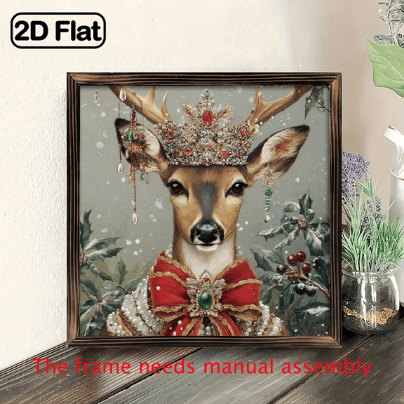 2D Flat, 1pc Rustic Wood Framed Christmas Deer Wall Art with Crown Golden Antlers - 8x8 Inch Farmhouse Winter Sign, RedGreen Bow Pine Cone Decor, Vertical Square Wood FrameHoliday Decoration - Eas