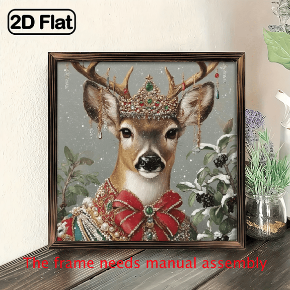 2D Flat, 1pc Rustic Wood Framed Christmas Deer Wall Art with Crown Golden Antlers - 8x8 Inch Farmhouse Winter Sign, RedGreenBow Pine Cone Decor, Vertical Square Wood FrameHoliday Decoration - Easy