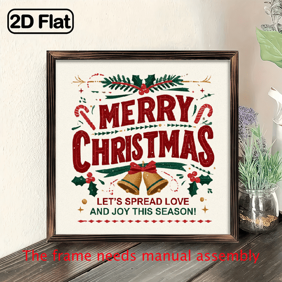 2D Flat, 1pc Rustic Wood Framed Christmas Sign - 8x8 Inch Farmhouse Holiday Wall Decor with Merry Christmas! Let's Spread Love Joy Message, Wood Grain RedGreen Lettering - Seasonal Plaque for Mante
