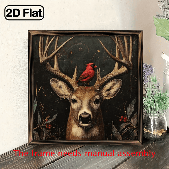 2D Flat, 1pc Rustic Wood Framed Deer with Cardinal Holly Wall Art - 8x8 (20x20cm) Farmhouse Christmas Sign, Stag Holly Berry Winter Decor for Mantel, Door Hanging, Home Decoration - Horizontal
