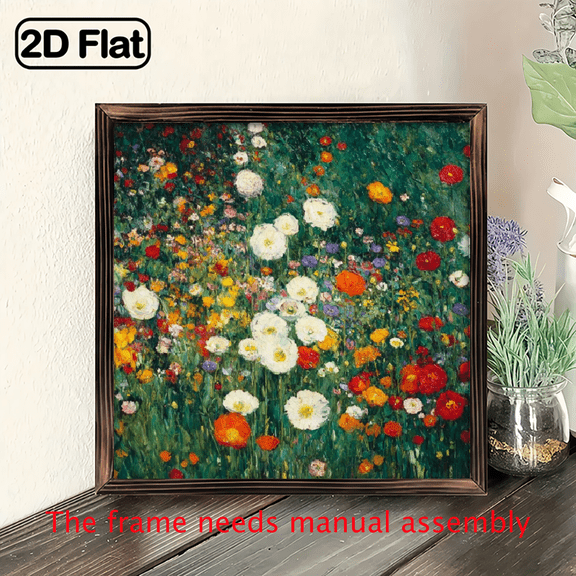 2D Flat, 1pc Rustic Wood Framed Flower Field Landscape Art - 8x8 Inch, Vibrant Wildflower Scene with Green Foliage, Perfect for Bedroom, Kitchen, Bathroom Decor, Cozy Home Accent, Home Decor Art V