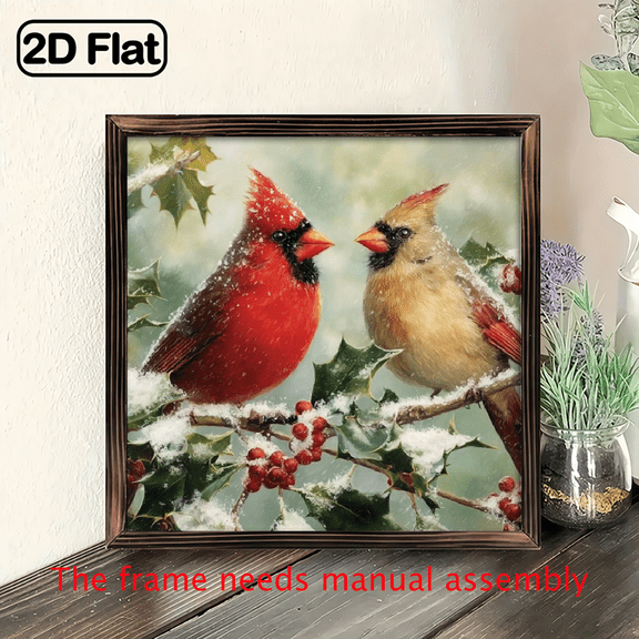 2D Flat, 1pc Rustic Wood Framed Northern Cardinal Birds Holly Winter Wall Art - 8x8 (20x20cm) Horizontal Snowy Christmas Sign with RedBrown Cardinals, Housewarming Gift, Easy-Hang Home Dcor, Bedro