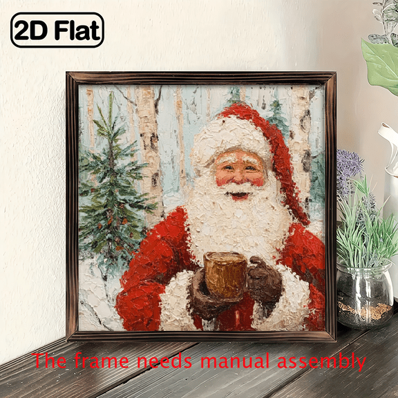 2D Flat, 1pc Rustic Wood Framed Santa Claus with Coffee Sign - 8x8 Inch Farmhouse Christmas Wall Art, Vintage Holiday Decoration with Snowy Santa Coffee Cup, Easy-Hang for Mantel, Shelf, Door