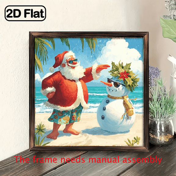 2D Flat, 1pc Rustic Wood Framed Tropical Beach Christmas Wall Art Sign - Santa Snowman Coastal Winter Painting, 8x8 (20x20cm) Farmhouse Holiday Decor with Palm Tree Santa Snowman, Reusable Con
