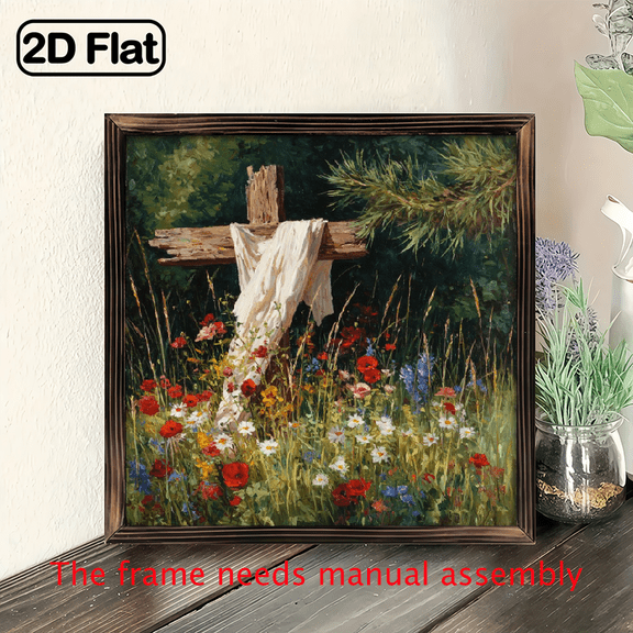 2D Flat, 1pc Rustic Wood Framed Wall Art - 8x8 Inch Cross Flowers Decorative Sign with Frame, Vintage Farmhouse Style Natural Wood Grain Cross Wildflowers Painting for Home, Office, Library Decor