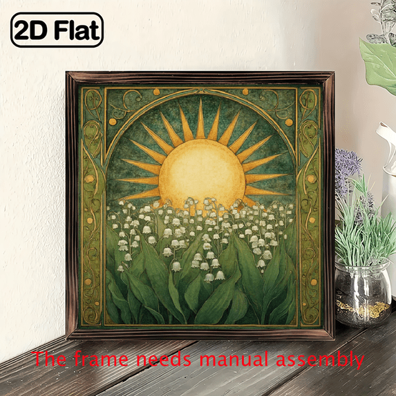 2D Flat, 1pc Rustic Wood Wall Hanging - Sun Wildflowers Design Farmhouse Framed Sign, 8x8 Inch Vintage Style Wooden Art for Bedroom, Kitchen.
