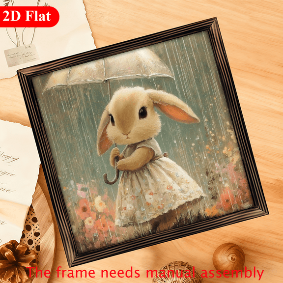 2D Flat, 1pc Rustic Wooden Bunny with Umbrella Wall Art, 12x12 Inch Farmhouse Decor, Indoor Wood Sign for Kitchen, Bathroom, Living Room, No Electricity Needed, Charming Easter Wall Decoration