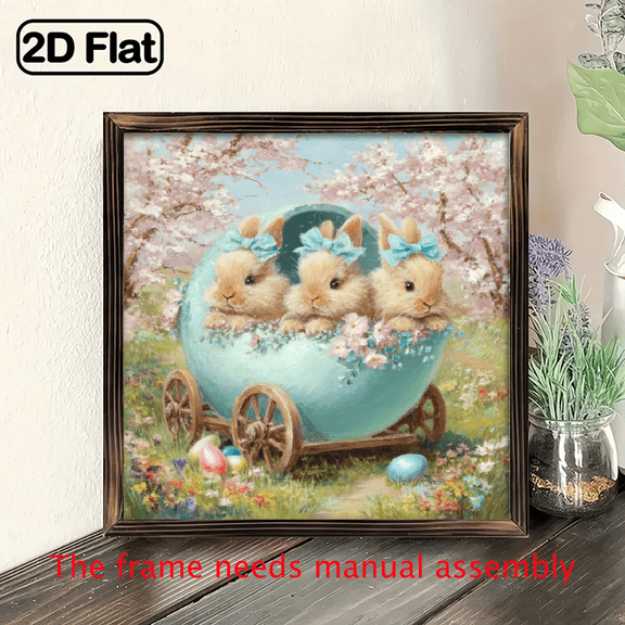 2D Flat, 1pc Rustic Wooden Bunny Wheelbarrow Wall Art Tabletop Sign - Farmhouse Decor Plaque with Bunny in Wheelbarrow Design, Grain, 8x8 Inch Indoor Decoration for Easter, for home