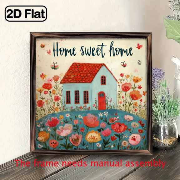 2D Flat, 1pc Rustic Wooden Frame Wall Art - Home Sweet Home Inspirational Decor with Vibrant Floral Cottage Design, 8x8 Inch, Perfect for Bathroom, Hot Tub, or Home Gift, Bathroom Wall Decor Rusti