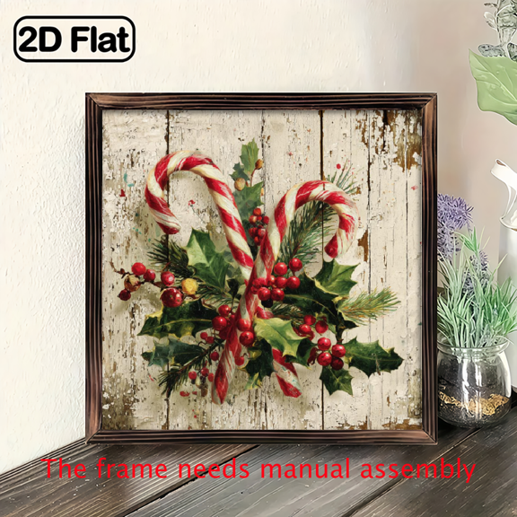 2D Flat, 1pc Rustic Wooden Framed Christmas Candy Cane Holly Wall Art - 8x8 Inch Square Wood Frame with Red White Striped Cane, Green Holly Leaves Berries - Farmhouse Style Vertical or Horizontal