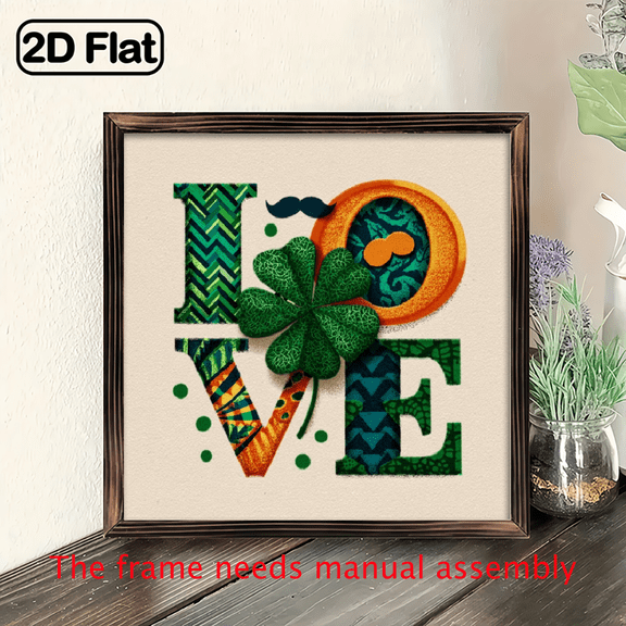 2D Flat - 1pc Rustic Wooden Framed LOVE Sign with Shamrock 8x8 Inch Farmhouse Wall Decor for Kitchen, Bathroom, or Living Room, St Patrick'S Day Gift, Indoor Desktop and Wall Decoration, Vintage Ro
