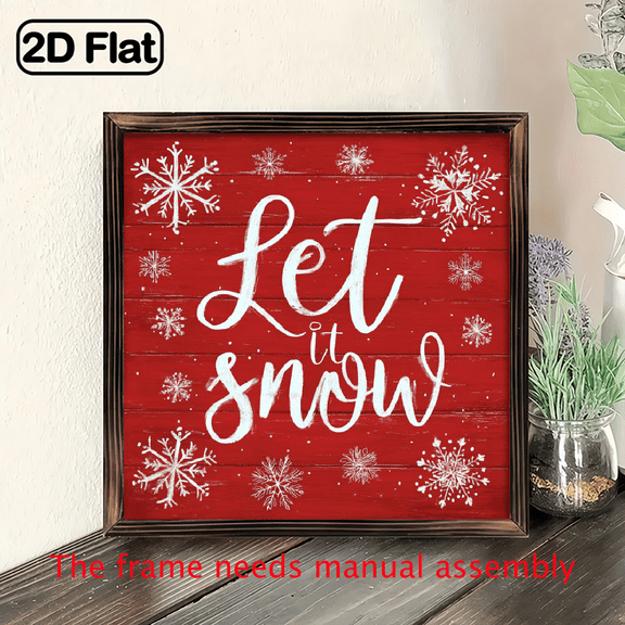 2D Flat, 1pc Rustic Wooden Let It Snow Sign - 8x8 Inch Red White Snowflake Wall Decor with Black Cursive Lettering, Wood Grain Winter Decoration for Home, Cafe, Tabletop - Farmhouse Christmas Plaq