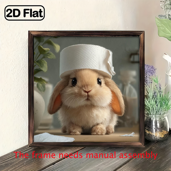 2D Flat, 1pc, Rustic Wooden Rabbit Art Sign Rabbit Toilet Paper Roll Art Sign, Playful Bunny with Frame Decorative Sign for Bathroom, Cafes Stores - Perfect for Bunny Lovers Room Decor More 8x8 In