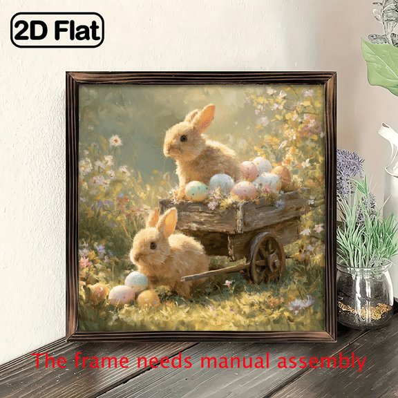 2D Flat 1pc Rustic Wooden Rabbit Eggs Wheelbarrow Wall Art, 8x8 Inch Farmhouse Decor, Indoor Wood Frame Sign for Entryway, Living Room, Kitchen, Home Decoration, Housewarming Gift, Easter Decor