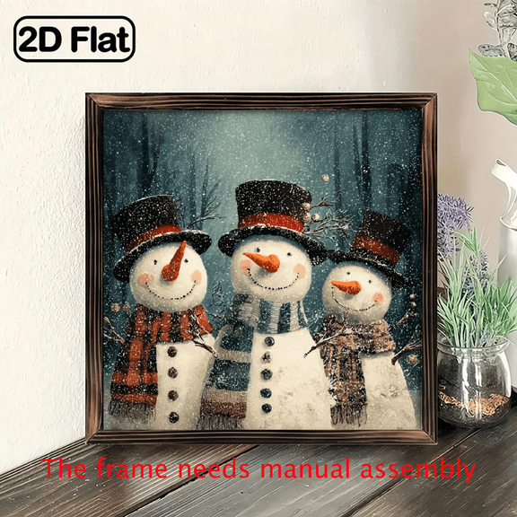 2D Flat, 1pc Rustic Wooden Snowman Wall Art - 8x8 Framed Winter Wonderland Decor with Top Hats Scarves, 2D Flat Snowmen Painting for Christmas Home Kitchen Decoration, No Electricity Needed, Easy