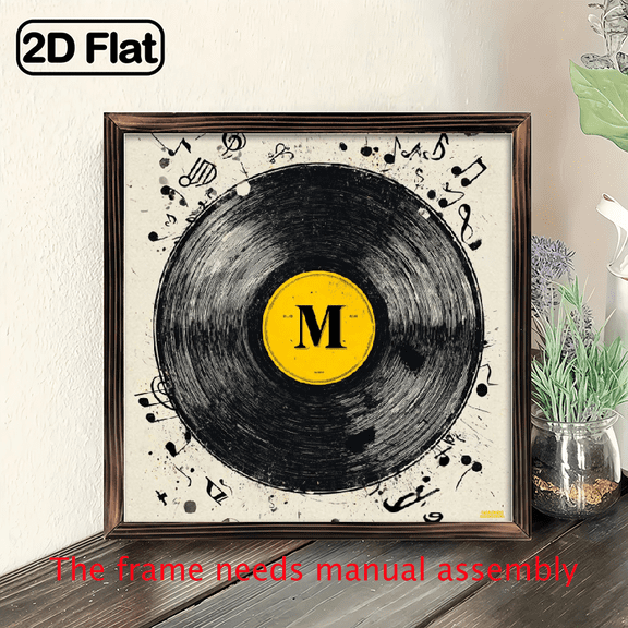 2D Flat 1pc Rustic Wooden Vinyl Record Framed Sign with Music Notes Vintage Wall Decor for Home, Office, or Porch, 8x8 Inch, No Electricity Needed, Multipurpose Hanging or Standalone Display, Music