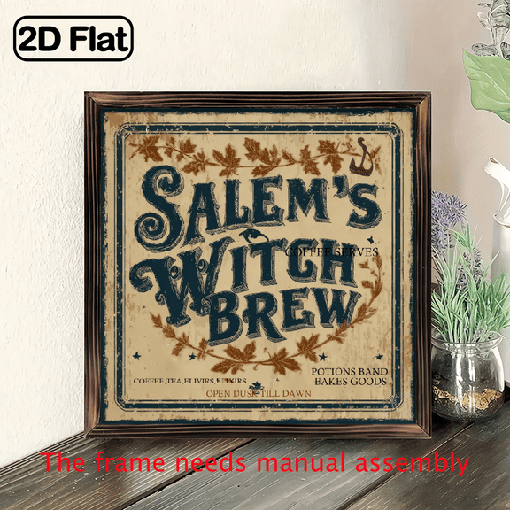 2D Flat, 1pc Salem'S Witches Brew Cafe Vintage Wooden Framed Sign - 8x8 Inch Wall Art with Coffee, Tea, Elixirs, Potions Baked Goods Design - Perfect for Kitchen, Entryway, Living Room Decor