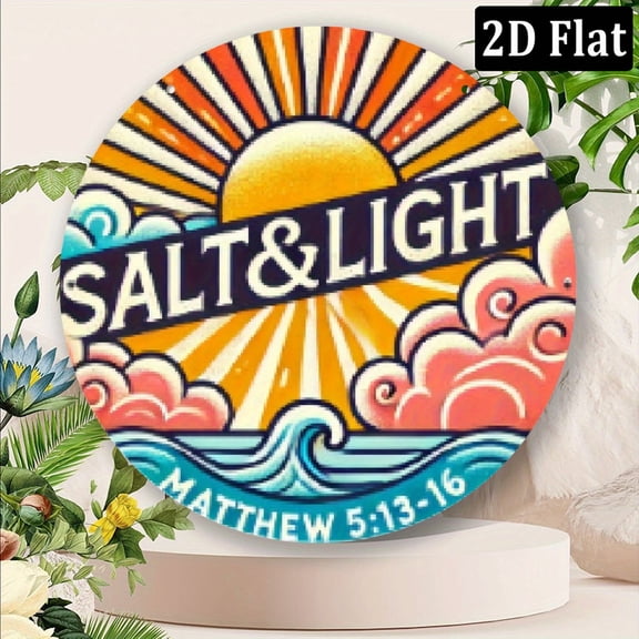 2D Flat, 1pc Salt Light Vintage Metal Wall Art Sign 8x8 Inch - Rustic Aluminum Ocean Sunrise Design with Matthew Scripture, Weather-Resistant HD Print for IndoorOutdoor Home, Cafe, Bar