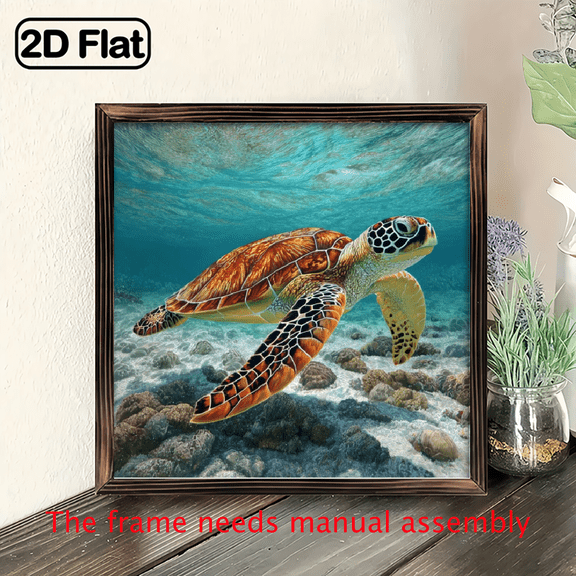 2D Flat, 1pc Sea Turtle Underwater Scene Wooden Framed wooden board painting, Rustic Ocean Theme Decor, Vibrant Coral Reef Swimming Turtle Design. 8x8in