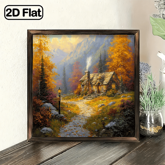 2D Flat - 1pc Serene Autumn Cottage Scene with Vibrant Foliage and Stone Path - Perfect Gift for Living Room, Bedroom, Kitchen, Laundry Room - Ideal for Teacher'S Day, Mother'S Day, Father'S Day,