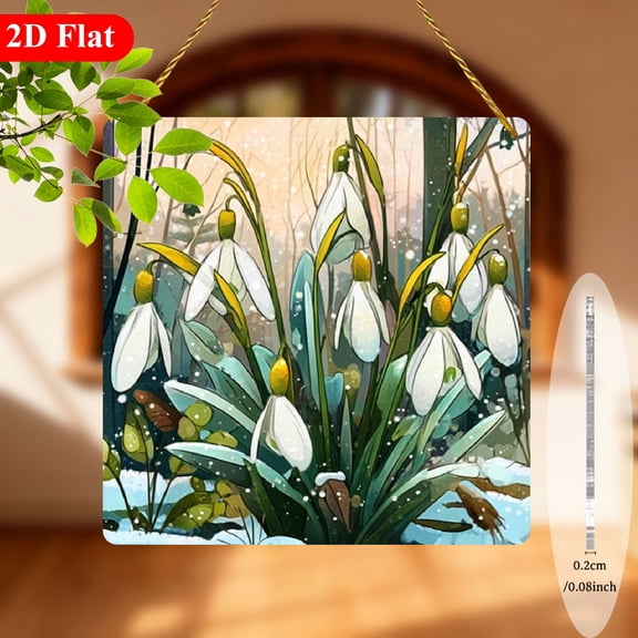 2D Flat, 1pc Serene Snowdrop Winter Wonderland Sun Catcher - 8x8Inch Circular Acrylic Sign with Colored -Style Window Hanging Decor, Peaceful Snowy Forest Scene Snowdrops, Perfect Holiday Home Decor