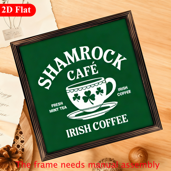 2D Flat, 1pc Shamrock Cafe Irish Coffee Wood Framed Sign - Vintage St Patrick's Day Wall Decor with Irish Coffee Art, Wood Frame Suitable, Cafe - Irish-Themed Gift 12x12 Inch