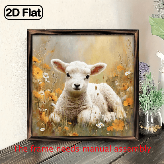 2D Flat, 1pc Sheep in Flower Field Framed Wall Art - Rustic Farmhouse Artificial Wood Square Vertical Sign, 8x8 Inch Sheep Painting for Nursery, Living Room, Housewarming Gift, Pastoral Lamb Dec