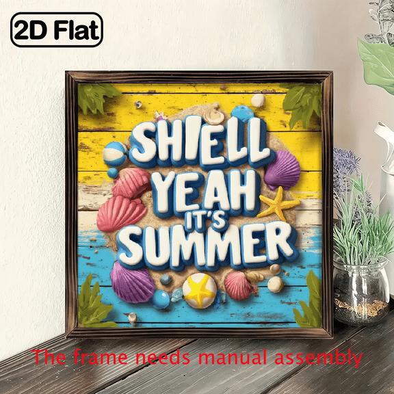 2D Flat, 1pc Shell Yeah It's Summer Wood Framed Sign - Rustic Distressed 8x8 Inch Coastal Beach House Decor with Seashell Starfish Design, Recycled Wood Wall Art for Kitchen, Farmhouse, Restaurant