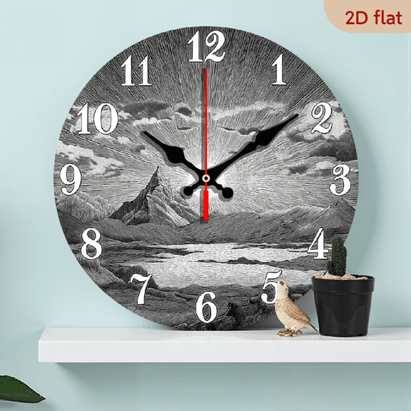2D Flat, 1pc, Silent Non-Ticking Wall Clock - Elegant Mountain Sunrise Landscape with GrayBlackWhite color scheme - Wooden Silent Modern Minimalist Decor for Living Room, Bedroom, Kitchen