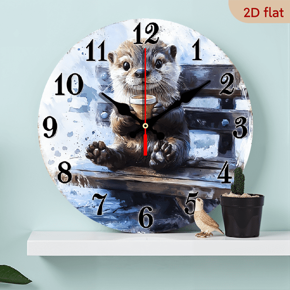 2D Flat, 1pc, Silent Non-Ticking Wall Clock - Otter with Coffee Cup Design, Modern Minimalist Wooden Clock for Living Room, Kitchen, Office - Compatible with AA Batteries (Not Included)