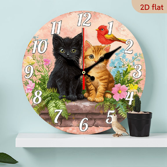 2D Flat 1pc Silent Non-Ticking Wooden Wall Clock with Cute Black Tabby Kittens, Bird Floral Pastel Pink Face - Large Easy-Read White Hands, 254cm, Room, Living Room Decor (Battery-Free)