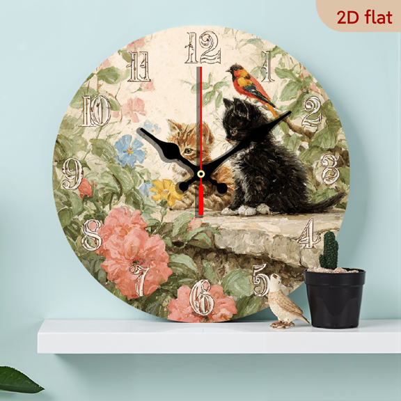 2D Flat 1pc Silent Non-Ticking Wooden Wall Clock with Cute Black Tabby Kittens, Bird Floral Pastel Pink Face - Large Easy-Read White Hands, 25cm, Room, Living Room Decor (Battery-Free) - Ideal Gif