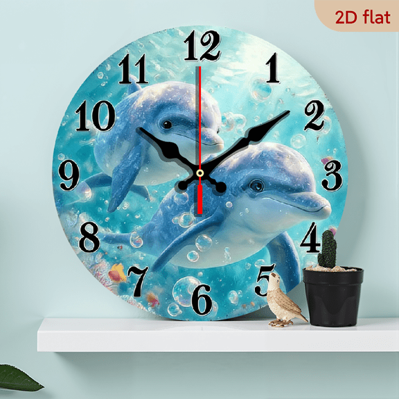 2D Flat, 1pc, Silent Non-Ticking Wooden Wall Clock - Dolphin Underwater Scene with Dolphins, (AA Not Included) - Ocean-Themed Decor for Living Room, Bedroom, Office - Available in 10in