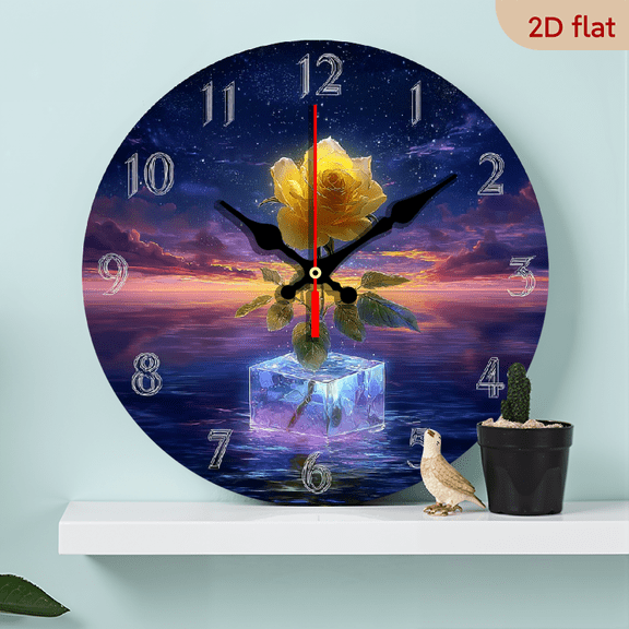 2D Flat 1pc Silent Non-Ticking Wooden Wall Clock - Fantasy Floral Design with Rose Butterfly, 25cm Round Decorative Clock for Living Room, Bedroom, Kitchen, Office - Battery Operated (AA Not Inclu