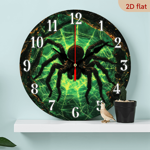 2D Flat, 1pc, Silent Non-Ticking Wooden Wall Clock - Spider-Themed Decorative Circular Clock with Green Web Design, 10inch for Foyer, Kitchen, Home Office, Studio, Guest Room (No Battery Included)