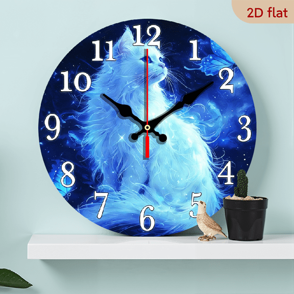 2D Flat, 1pc, Silent Wall Clock Non-Ticking Wooden, Decorative Circular Clock Fantasy Cat Design for Kitchen, Home Office, Library, Hallway, Apartment 10inch